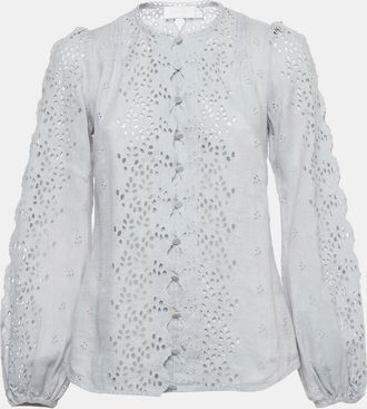 Zimmermann Light Blue Linen Iris Broderie Anglaise Long Sleeve Top