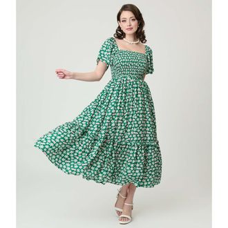 Unique Vintage Smocked Bodice Midi Dress in Green Ditsy Floral at Nordstrom, Size X-Large