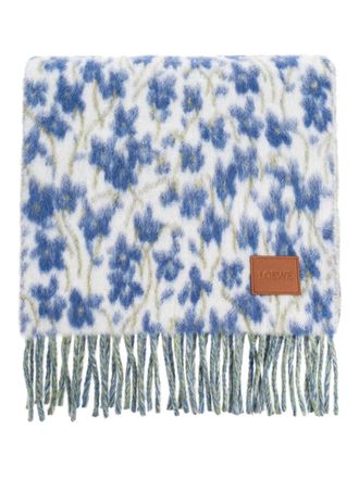 Loewe floral-print fringed scarf - women - Wool - One Size - Blue