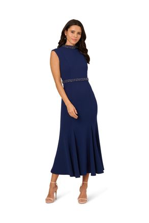 Adrianna Papell Womens Pearl Crepe Trim Dress - Blue - Size 10 UK