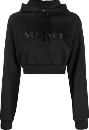 Sunnei embroidered-logo cropped hoodie - women - Cotton - L - Black