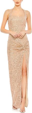 Mac Duggal Sequined Halter Strap Low Side Knot Gown
