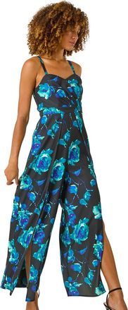 Roman Womens Floral Print Pleat Detail Bardot Jumpsuit - Teal - Size 18 UK