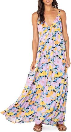 Roxy Honolulu Glow Floral Tiered Maxi Dress in Anthracite/lilac at Nordstrom, Size Xx-Large