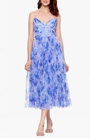 Betsy & Adam Floral Print Corset Bodice Pleated Tulle Midi Cocktail Dress in Midi Tulle Corset Dress at Nordstrom Rack, Size 12