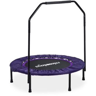 Relaxdays Trampolino tappetino elastico pieghevole, indoor, con barra stabilizzatrice, HxLxP: 113x102x102 cm, nero-lill&agrave; - Relaxdays