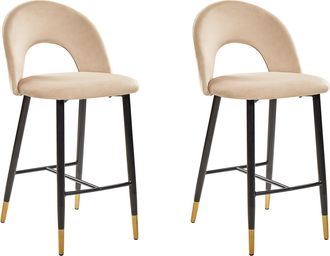 Beliani Juego De 2 Sillas De Bar Terciopelo Rojo Coral Acero Negro Dise&ntilde;o Retro Extremos Dorados Comedor Falton