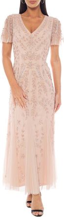 OLEG CASSINI Beaded Mesh Dress in Blush at Nordstrom Rack, Size Medium