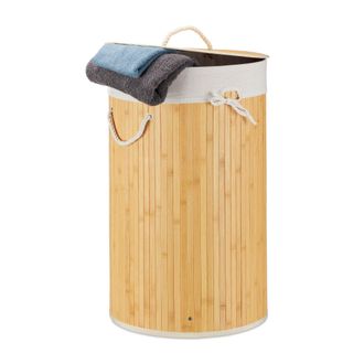 Relaxdays Relaxdays - 2 Cestos Ropa Sucia Con Tapa, Redondo, Cubo Colada, Canasta Plegable, Bamb&uacute;, 70 L, &Oslash; 41 Cm, Color Crema
