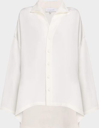 Eskandar Wide A-Line Shirt with Open Standup Collar (Mid Plus Length)
