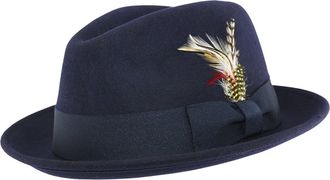 Maz Accessoires Unisex Crushable Hand Made C-Crown Felt Fedora Trilby Hat with Removable Feather 100% Wool (X-Large(61), Navy)