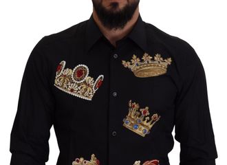Dolce & Gabbana Mens Black Gold Crown Slim Fit Dress Formal Shirt Cotton