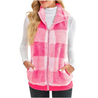 Generic Womens Gilets Teddy Fleece Gilet Women Plaid Zip-Up Waistcoat Gilet Sherpa Fluffy Vest Body Warmer Lightweight Cozy Jackets Plush Vest Sleeveless Coat