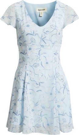 Open Edit Floral Print Fit & Flare Minidress in Blue Sydney Poppy at Nordstrom, Size Xx-Small
