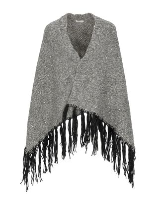 PESERICO Textured Grey Cape With Lurex Motif And Fringed Hem