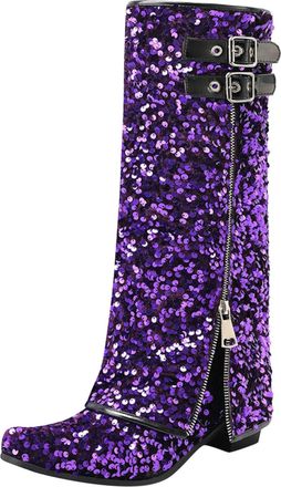 Generic Winter Women Mid Calf Boots Fashionable Pattern Sequins Autumn Winter Footwear Cool Zipper Design Low Heel Height Comfortable Daily Wear (Purple, 6. 5