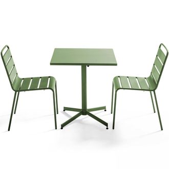 Oviala Conjunto mesa de jard&iacute;n cuadrada y 2 sillas metal verde cactus
