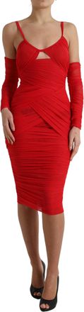 Dolce & Gabbana Gerepte Mesh Midi-jurk Rode Lange Mouwen Jurk