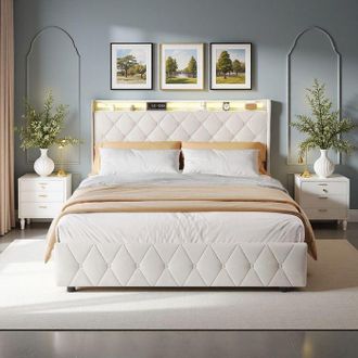 OEM Cama 160x200 Cm, Cama Con Arc&oacute;n Doble 160x200 Cm Con 4 Cajones Y Led - Cama Para Adultos Para 2 Personas - Somier Incluido - Terciopelo Beige