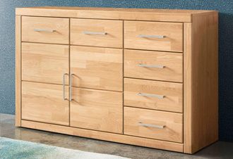 HOME AFFAIRE Sideboard »Trondheim,130cm breit,42 cm tief, Fronten Holzmassiv, Metallgriffe« Korpus aus Holzwerkstoff,2 Türen, 2 breite Fächer,5 Schubladen