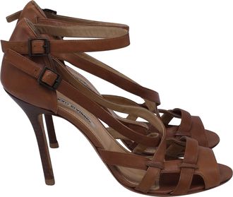 Manolo Blahnik Double-Buckled Strap Sandal Heels in Brown Leather