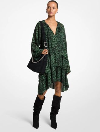 Michael Kors Ruffled Leopard Print Georgette Hi-Low Dress