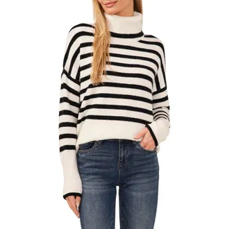 CeCe by Cynthia Steffe Stripe Turtleneck Sweater in Antique White at Nordstrom Rack, Size X-Large