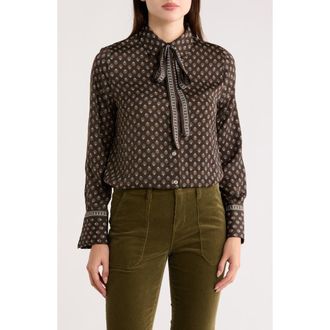 Max Studio Satin Tie Neck Button-Up Shirt in Chomomif-Chocolate at Nordstrom Rack, Size X-Large
