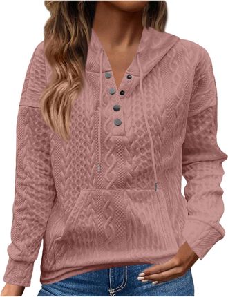 Generic Hoodies for Women UK Drawstring Hooded Jumper Pullover Button V Neck Long Sleeve Sweatshirt Cable Tunic Sweater Ladies Fleece Sweatshirt Autumn Winter