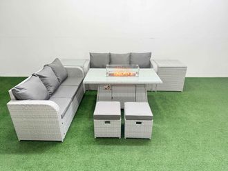 Fimous Outdoor Garden Furniture Sets 8 Seater Wicker Rattan Furniture Sofa Sets w/ Firepit Dining Table high Back Lounge Sofa Stools 2 Side Table