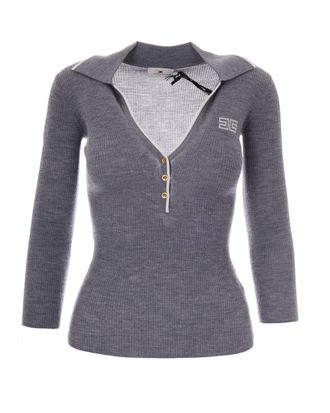 Elisabetta Franchi Ribbed Knit Polo with Sail Collar and Intarsia Logo