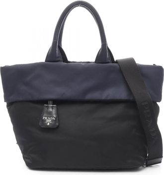Prada Black Navy Nylon Leather Tote Bag (Pre-Owned)