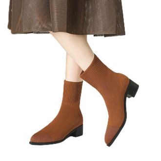 Generic Brown Womens Fashion Knitted Ankle Boots with Pointed Toe and High Heel Closure for Everyday Fashion and Comfortable Walking