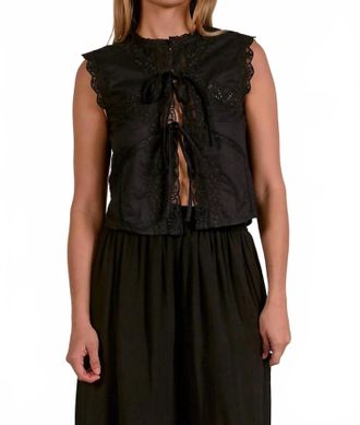 Elan Embroidered Detail Tie Top In Black