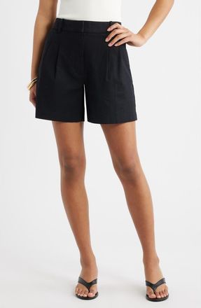 Open Edit Everyday Pleated Linen Blend Shorts in Black at Nordstrom, Size 12