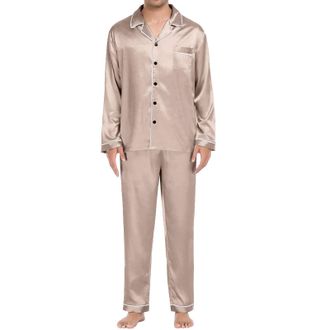 Generic Mens Silk Satin Pajamas Set - Homewear Set Long Sleeve Cotton Top and Pants Womens Sleepwear Lounge Wear Mens Pyjama Set Long Sleeve Couple Long Sleev
