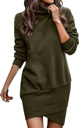 Generic Turtleneck Long Jumpers Dresses for Women Oversized Knit Jumper Dress Ladies Baggy Fluffy Knitted Jumpers Womens High Neck Thick Fitted Plain Sweater 
