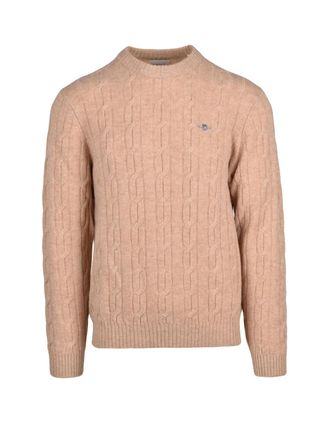 GANT Textured Cable Knit Crewneck Pullover In Natural Wool