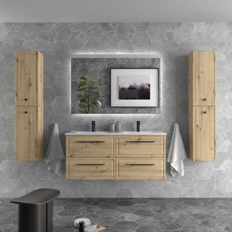 Cygnus Bath Mueble De Ba&ntilde;o Runa 120cm Roble 4 Cajones Lavabo 2 Pozas Porcelana