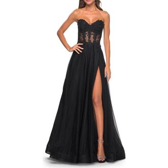 La Femme A-Line Tulle Ballgown with Lace Illusion Bodice in Black at Nordstrom, Size 12