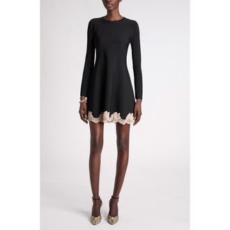 Valentino Garavani Lace Trim Long Sleeve Sweater Dress in Black at Nordstrom, Size X-Large