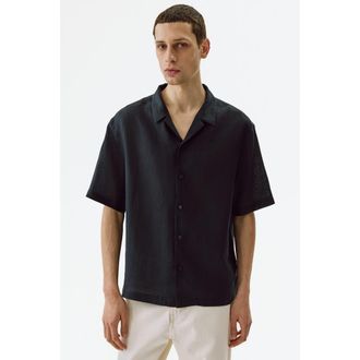 H&M Relaxed Fit Linen Resort Shirt in Navy Blue at Nordstrom, Size Xx-Large