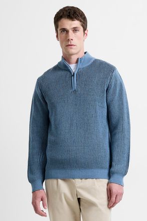French Connection Mens Blue Cotton Wool Blend Ribbed Knit &frac14; Zip High Neck Jumper - Size X-Large