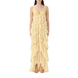 Elisabetta Franchi Elegante Zwarte Maxi-jurk met Ruches - Dames - Avondkleed - Geel - S - Chiffon - Kleedjes