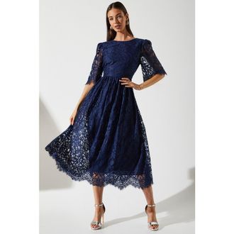 Coast Lace Short Sleeve Midi Dress in Navy at Nordstrom, Size 6