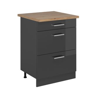 Vicco Mueble Bajo De Cocina R-line, Antracita Alto Brillo, 60 Cm Con Cajones, Et Roble