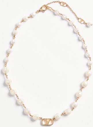 Valentino Garavani Collana VLogo Signature in Metallo e Perle in Vetro Donna ORO/CREMA UNI