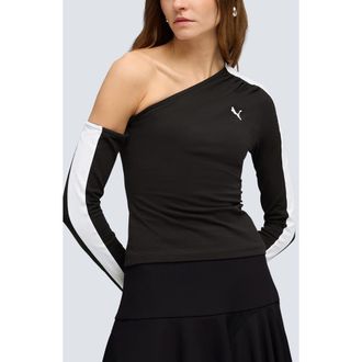 Puma T7 Off the Shoulder Long Sleeve Top in Puma Black at Nordstrom, Size Small