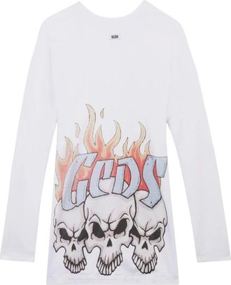 GCDS Skull Print Lange Mouw Mini Jurk - Dames - Longsleeves - Wit - XS - Katoen - Tops