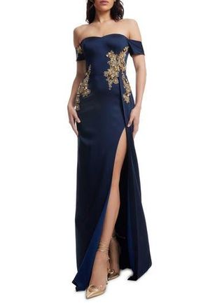 Dress The Population Logan Floral Appliqu&eacute; Off the Shoulder Gown in Navy at Nordstrom Rack, Size Small